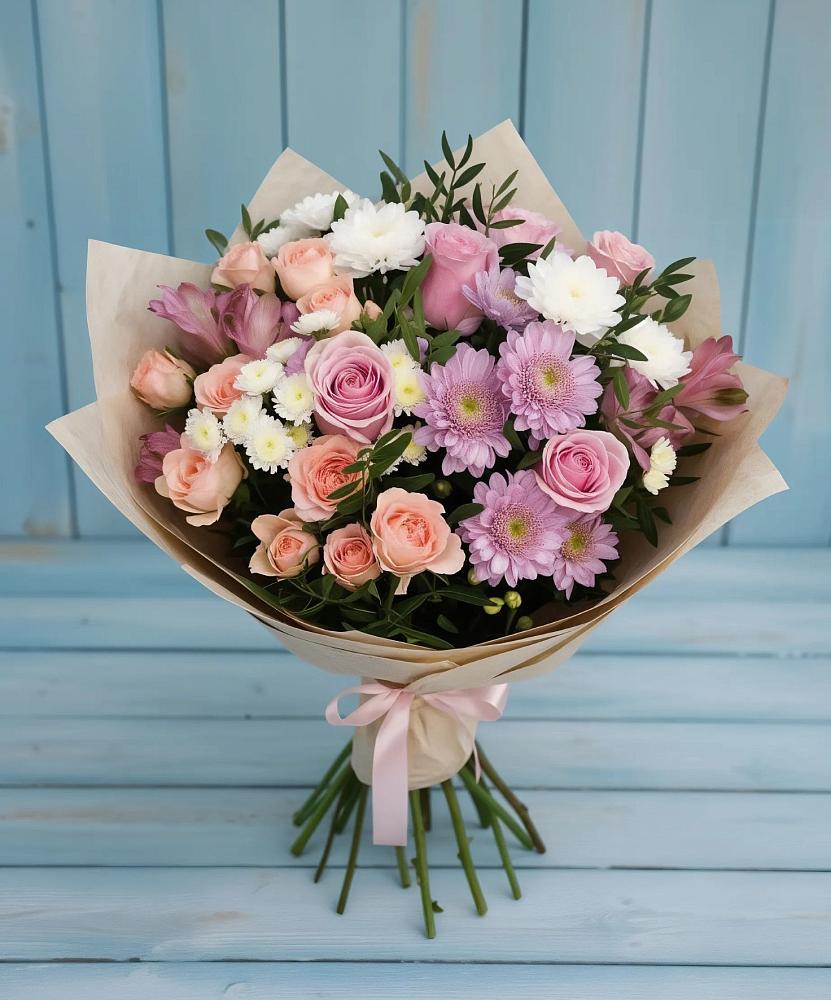Букет цветов из: Хризантемы, Розы и Альстромерии в Прочноокопской