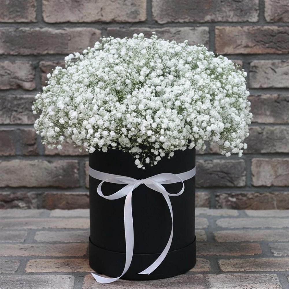 Цветочная композиция из Гипсофила в шляпной коробке в Прочноокопской