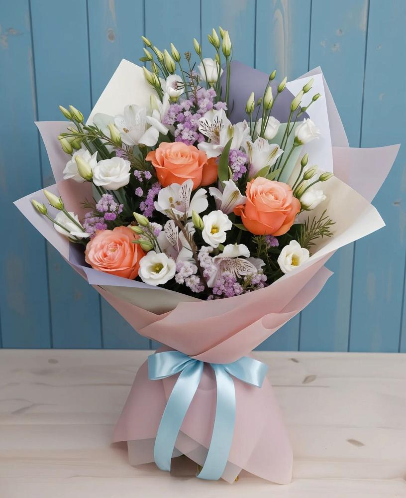 Букет цветов из: Лизиантусы, Розы, Альстромерии и Гипсофила в Прочноокопской